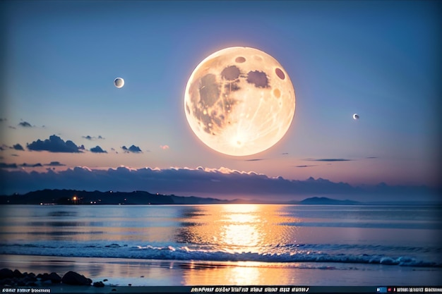 Una imagen de una playa con luna llena y el sol de fondo.