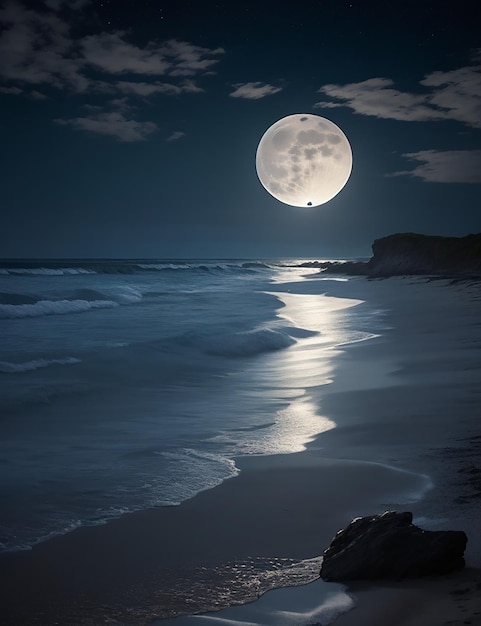 Imagen de una playa de noche con luna llena en el cielo.