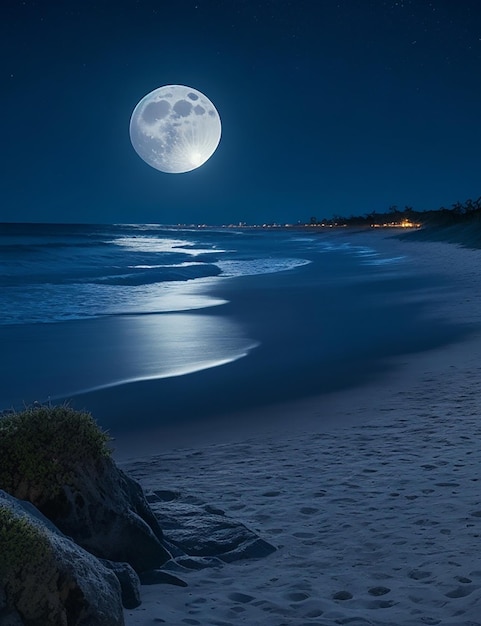 Imagen de una playa de noche con luna llena en el cielo.