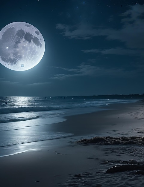 Imagen de una playa de noche con luna llena en el cielo.