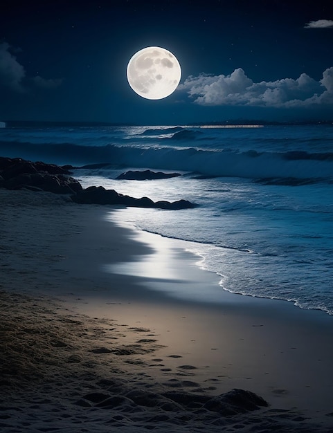 Imagen de una playa de noche con luna llena en el cielo.