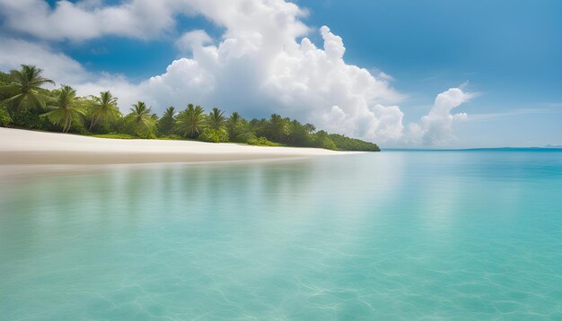 una imagen de una playa con una palmera a la izquierda