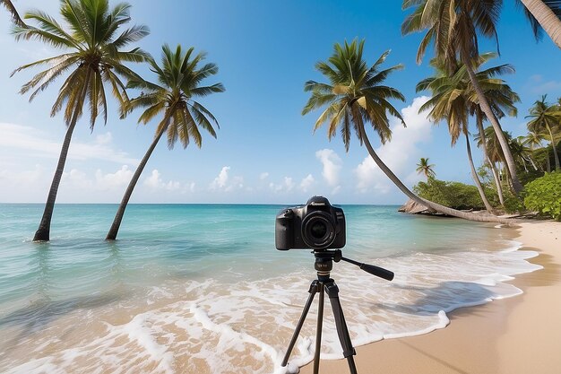 Una imagen de una playa con palmeras y una cámara