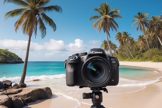 Una imagen de una playa con palmeras y una cámara