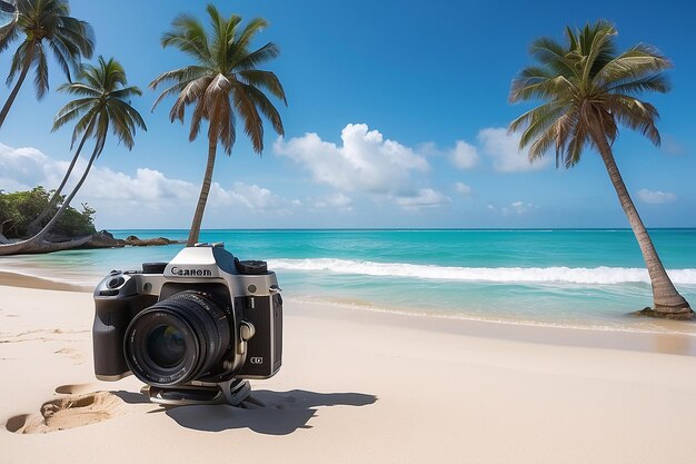 Una imagen de una playa con palmeras y una cámara