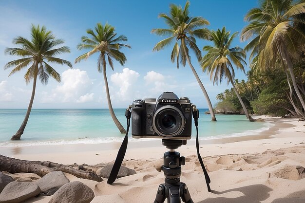 Una imagen de una playa con palmeras y una cámara