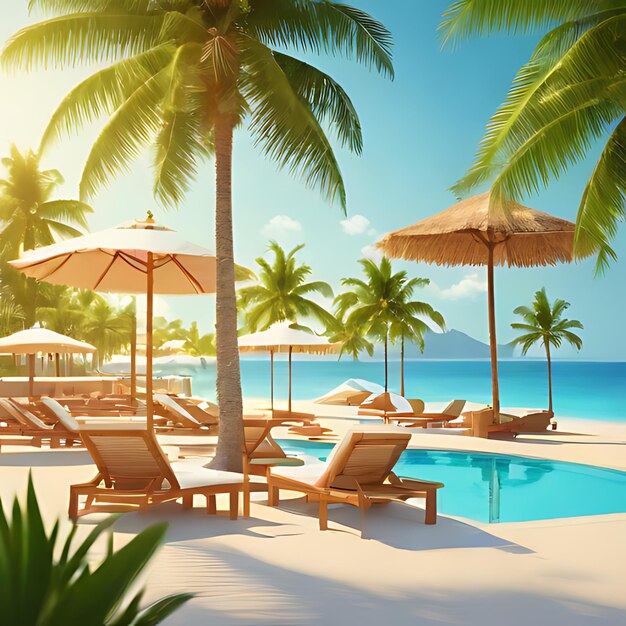 Foto una imagen de una playa con palmeras y un cielo azul