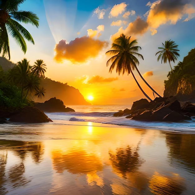 Una imagen de una playa con palmeras y la puesta de sol detrás de ella
