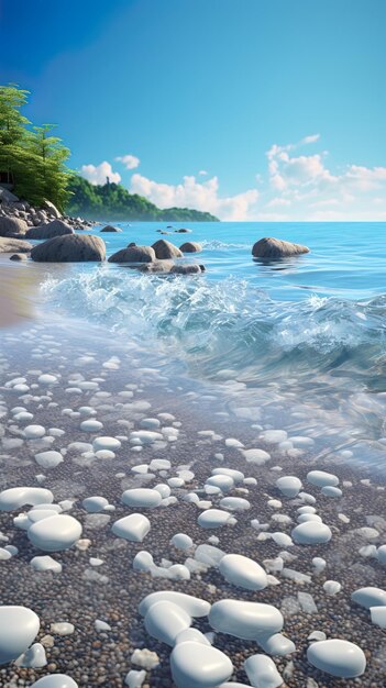 una imagen de una playa con rocas y agua