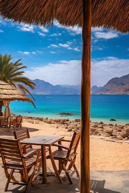 una imagen de una playa con sillas y una palmera