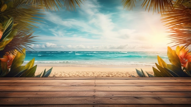 imagen de una playa tropical con una cubierta de madera