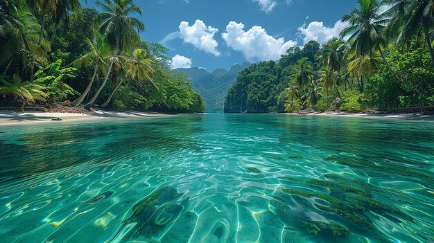 una imagen de una playa tropical con palmeras y una superficie de agua azul