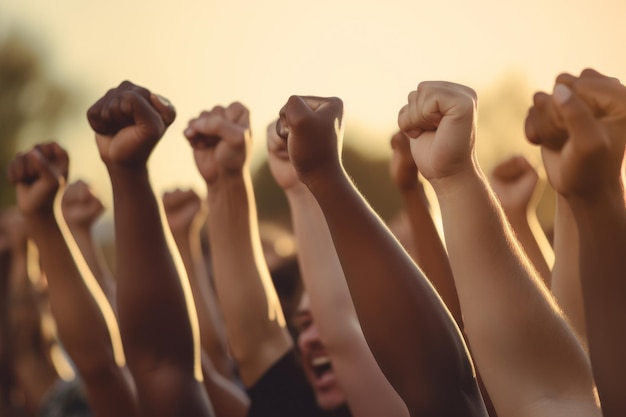 Una imagen poderosa de un grupo de personas levantando sus puños en solidaridad. Esta imagen puede usarse para representar el activismo de protesta de unidad o el empoderamiento en varios proyectos.