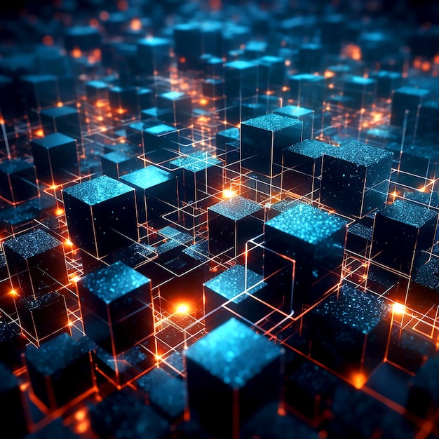 Una imagen poderosa de una red blockchain interconectada en un tema de color oscuro 3d