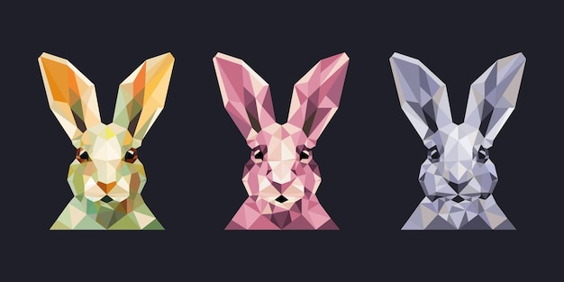 Imagen poligonal de conejos de diferentes tonos con gran detalle Ilustración geométrica vectorial