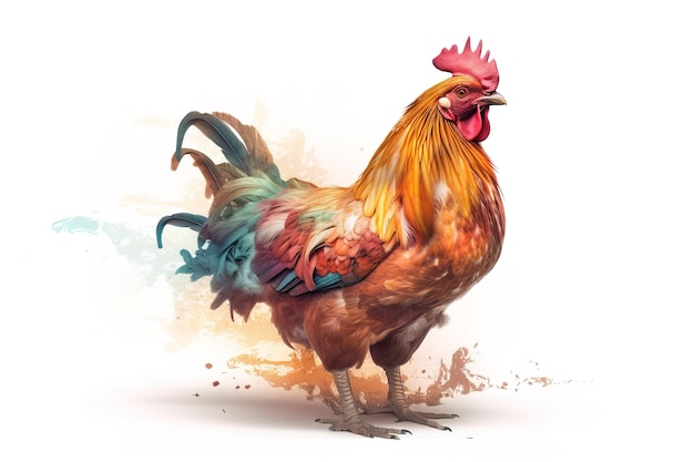 Imagen de pollo colorido de pie sobre fondo blanco Ilustración de animales de granja IA generativa