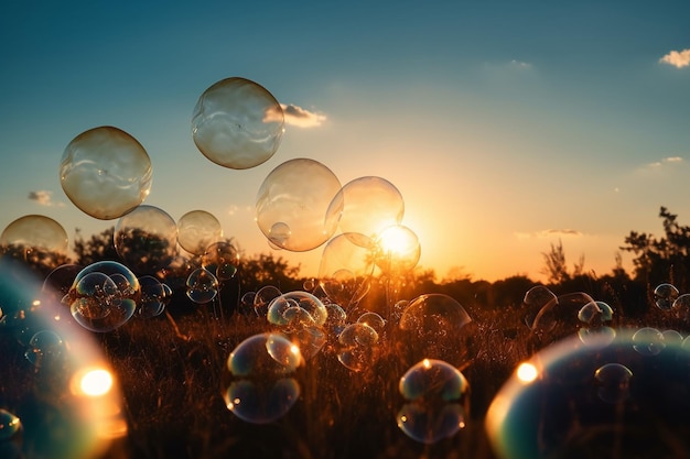 Una imagen de pompas de jabón en un campo con el sol poniéndose detrás.