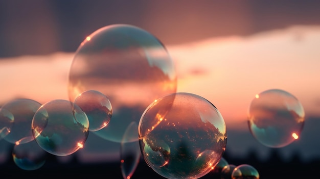 Una imagen de pompas de jabón contra un cielo al atardecer