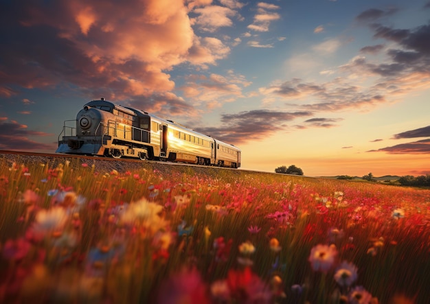 Una imagen postimpresionista de un tren modelo que atraviesa un campo de flores silvestres La cámara