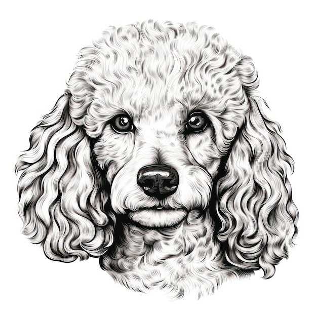 Imagen prediseñada de cara de caniche dibujada a mano para colorear libro sobre fondo blanco AI generado