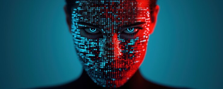 La imagen presenta a una persona con el rostro parcialmente oscurecido por código binario digital creando un sorprendente efecto visual. Los colores azul y rojo mejoran el tema futurista e inspirado en la tecnología evocando un sentido de misterio.