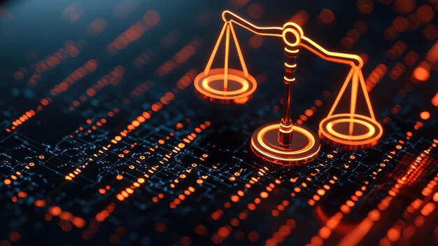 La imagen presenta una representación digital de una escala de equilibrio que simboliza la justicia en el contexto de un código binario. Este visual transmite la integración de la tecnología y el análisis moral en la justicia moderna.