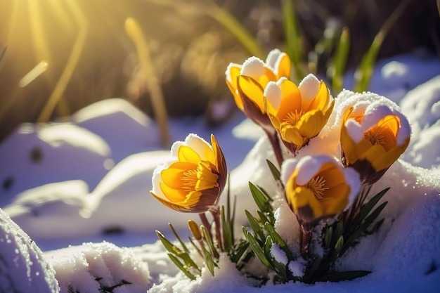 Imagen primaveral de azafranes amarillos bajo la nieve bajo los rayos del solLa belleza de la naturaleza IA generativa