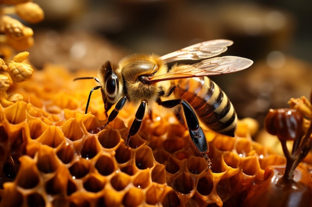 Imagen de primer plano de la abeja y el panal en la luz natural del día fotografía macro detallada