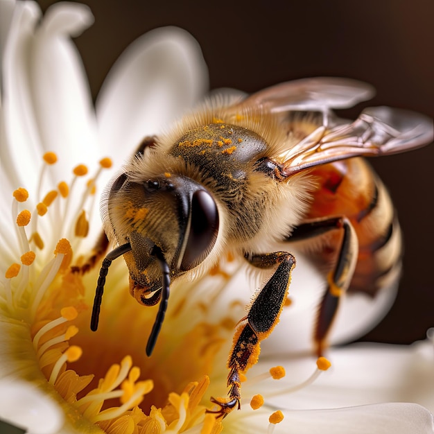 Imagen de primer plano de una abeja polinizando una flor en primavera