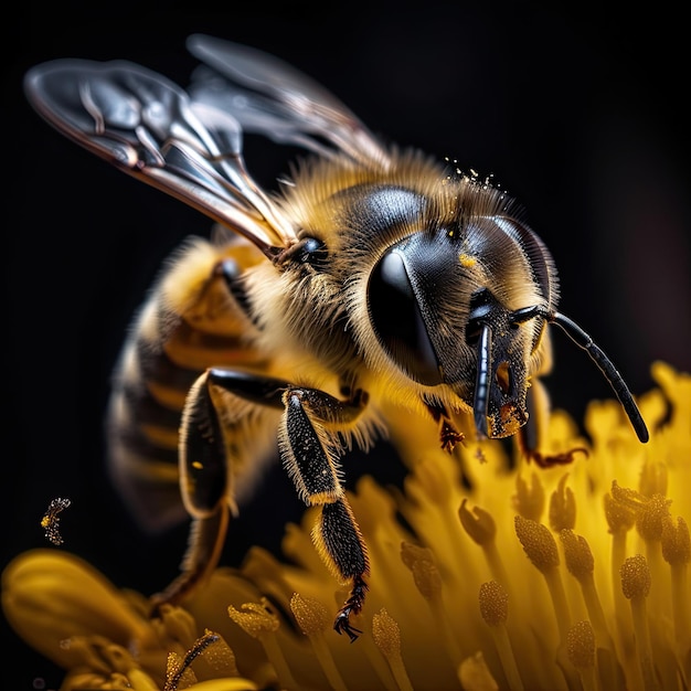 Imagen de primer plano de una abeja polinizando una flor en primavera