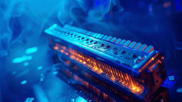 Una imagen en primer plano de un acordeón con un fondo azul El acordeón está iluminado desde el interior proyectando un brillo cálido en el humo circundante