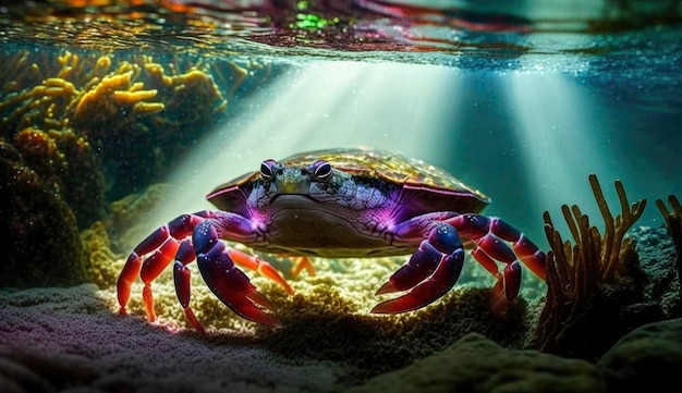 Imagen de primer plano bajo el agua del cangrejo arco iris de manglar y la luz del sol en el arrecife de coral del océano generado por ai