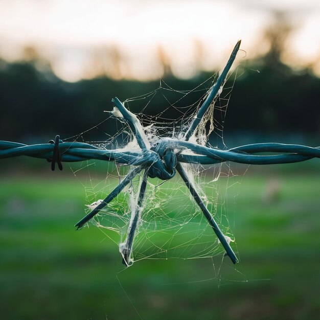 Foto imagen de primer plano de alambre de púas con telarañas