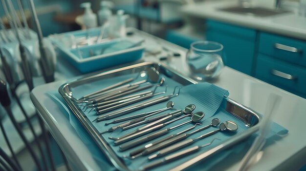 Una imagen en primer plano de una bandeja de instrumentos dentales La bandeja está sentada en una mesa azul en una oficina dental