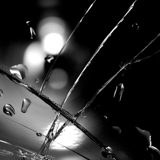 Imagen de primer plano en blanco y negro de vidrio agrietado con gotas de agua Fondo de vidrio roto mojado