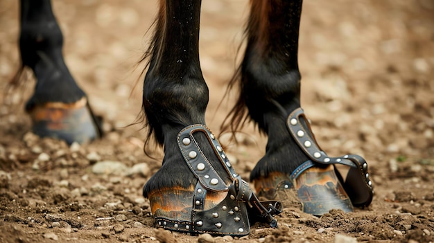 Foto una imagen en primer plano de los cascos de un caballo con herraduras de metal el caballo está de pie en una superficie rocosa