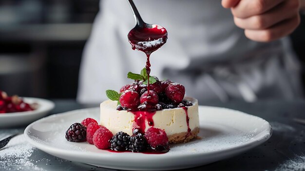 Una imagen en primer plano de un chef vertiendo una salsa roja sobre un pastel de queso con bayas frescas en la parte superior El pastel de cheese está en un plato blanco