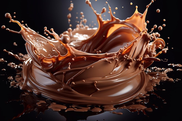 Imagen en primer plano de Choco Cascade de salpicaduras de chocolate con gotas de agua imaginadas por IA generativa
