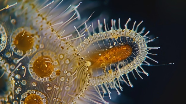 Una imagen en primer plano de un ciliado con sus característicos cilios parecidos a pelos que cubren su superficie estos pequeños