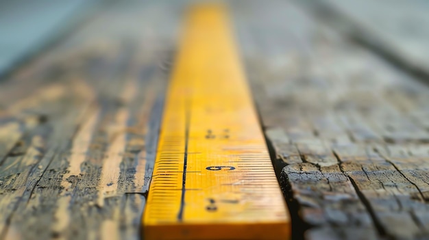 Foto una imagen en primer plano de una cinta de medir amarilla en una superficie de madera la cinta de medir está marcada con pulgadas y centímetros