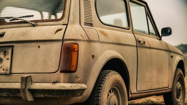 Imagen en primer plano de un coche sucio después de un viaje por el campo