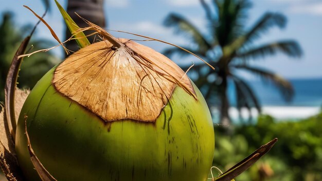 Foto una imagen en primer plano de un coco verde fresco con la cáscara parcialmente removida revelando el brillo