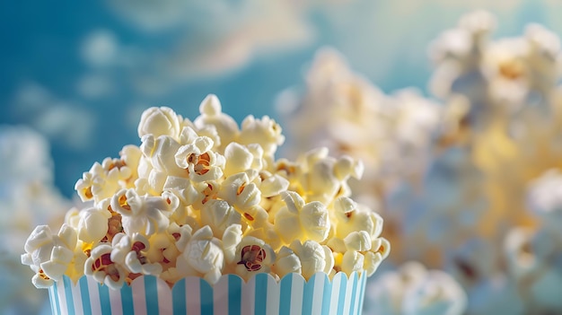 Una imagen en primer plano de un cubo de palomitas de maíz a rayas azules y blancas lleno de deliciosa palomita de maíz esponjosa