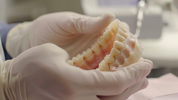 Una imagen en primer plano de un dentista sosteniendo un juego de dentaduras en sus manos con guantes Las dentaduras están hechas de un material rosado y tienen un juego completo de dientes