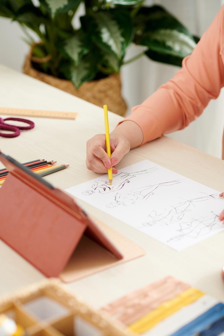 Foto imagen de primer plano del diseñador de moda para colorear bocetos con lápices