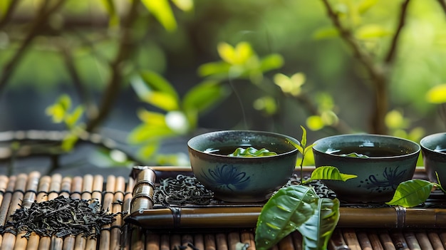 Foto una imagen en primer plano de dos tazas de cerámica de té verde en una mesa de bambú