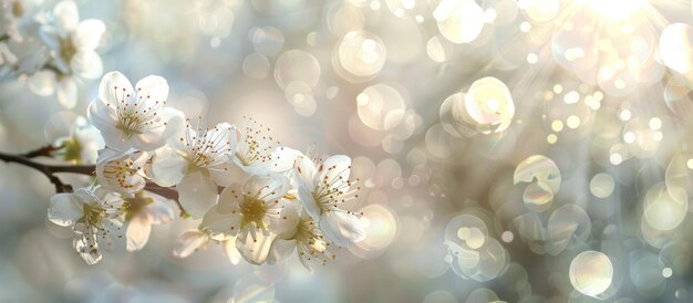 Imagen en primer plano de flores blancas de primavera en una rama de árbol contra un fondo bokeh gris soleado