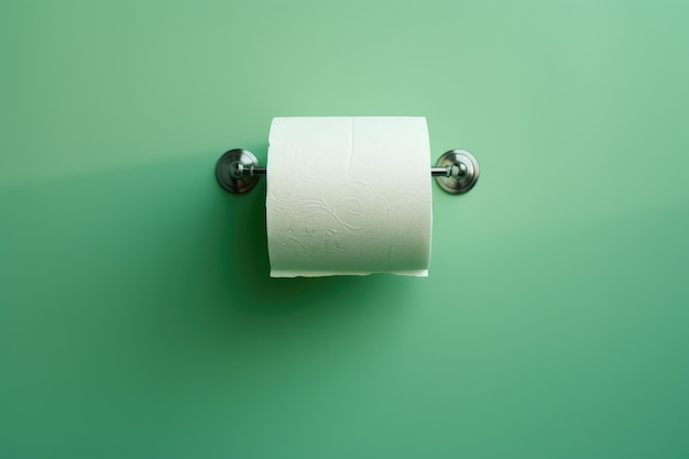 Imagen de primer plano de un fondo verde con un rollo de papel higiénico colocado dentro de un soporte