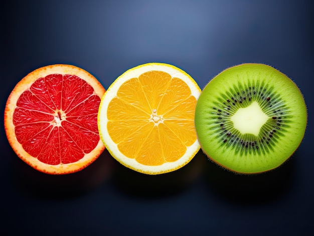 Imagen en primer plano de frutas frescas cortadas a mitad en fondo negro vista superior de pomelo kiwi