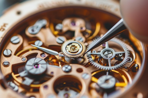 Una imagen de primer plano del funcionamiento interno de un reloj mecánico que muestra los engranajes intrincados y las partes delicadas que hacen posible la cronometría